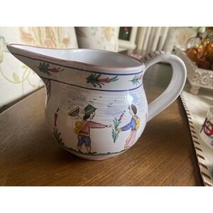 Italian Sberna Deruta Quimper Style Art Pottery Pitcher/Jug Gardening Scene